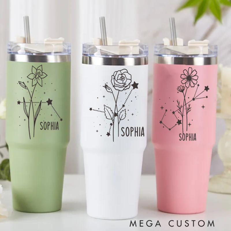 Personalized Stainless Steel Cup with Straw Custom Insulated Tumbler With Zodiac Signs Custom Insulated Tumbler With Name Birthday Gift