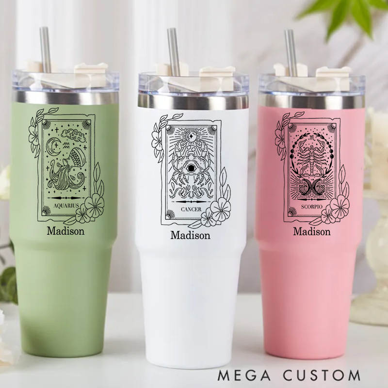 Personalized Zodiac Sign tainless Steel Cup with Straw Custom Insulated Tumbler Zodiac Personalized Birthday Gift Astrology Gift Celestial Moon Gifts Christmas Zodiac Gift