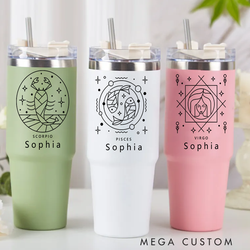 Personalized Zodiac tainless Steel Cup with Straw Custom Insulated Tumbler With Name Horoscope Iced Custom Astrology Cup Birthday Gift