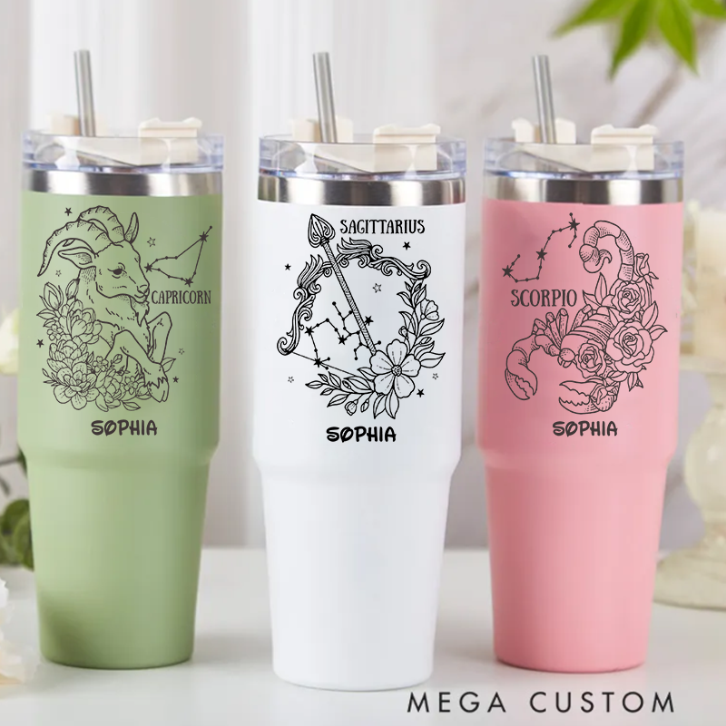 Personalized Floral Zodiac Iced tainless Steel Cup with Straw Custom Insulated Tumbler With Name Birthday Gift Horoscope Cups Astrology