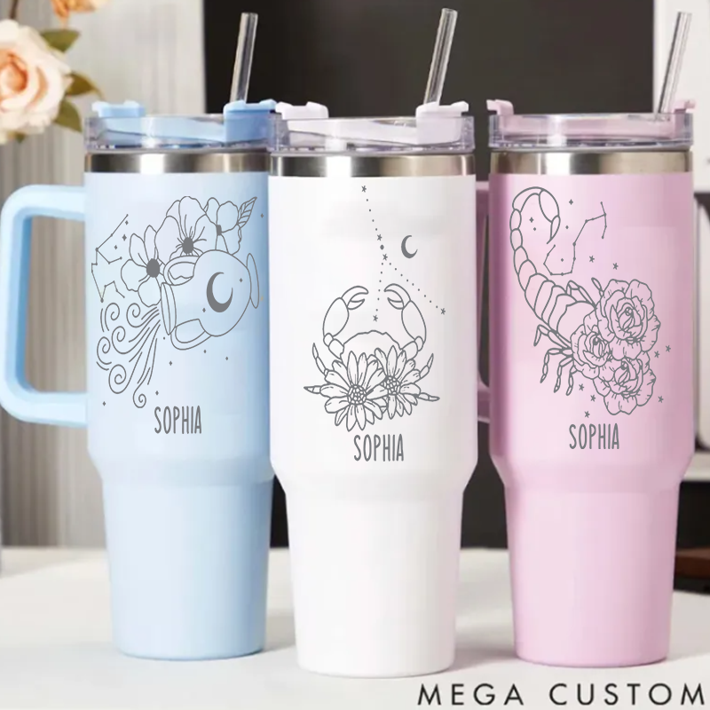Personalized Stainless Steel Cup with Straw Custom Insulated Tumbler With Zodiac Signs Custom Stainless Steel Cup with Straw Custom Insulated Tumbler With Name Birthday Gift