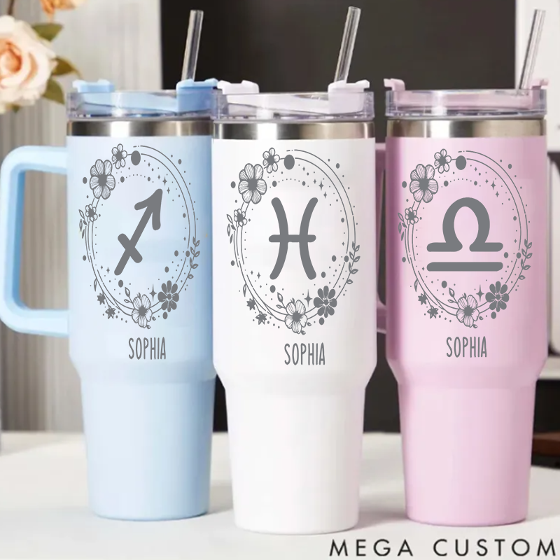 Personalized Stainless Steel Cup with Straw Custom Insulated Tumbler With Zodiac Signs Custom Stainless Steel Cup with Name