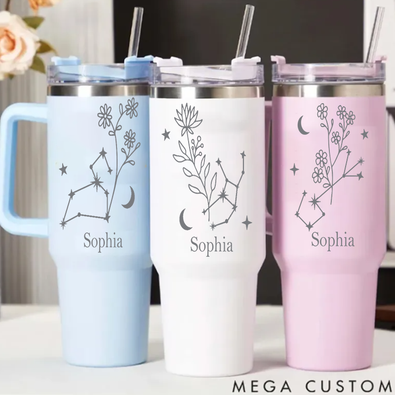 Personalized Stainless Steel Cup with Straw Custom Insulated Tumbler With Zodiac Signs Custom Stainless Steel Cup with Name
