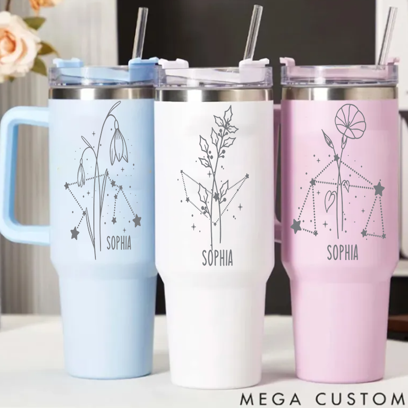 Personalized Stainless Steel Cup with Straw Custom Insulated Tumbler With Zodiac Signs Custom Stainless Steel Cup with Name