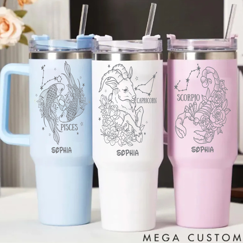 Personalized Floral Zodiac Iced tainless Steel Cup With Straw Custom Insulated Tumbler With Name Birthday Gift Horoscope Cups Astrology