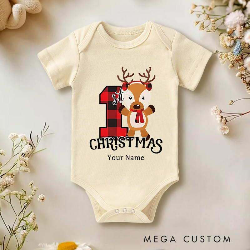 Personalized Baby's 1st Christmas Adorable Reindeer and Plaid Baby Onesie