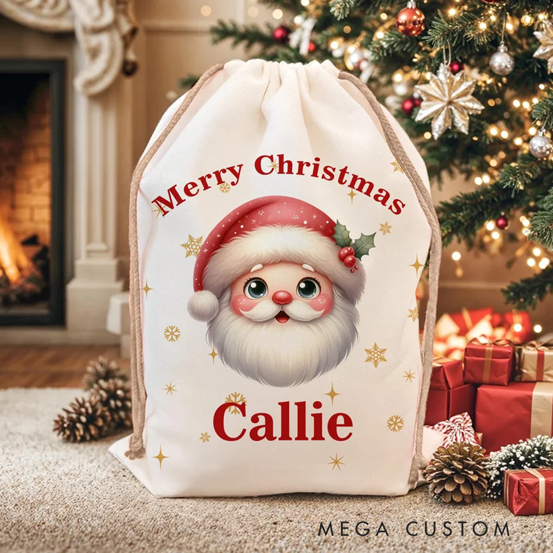Personalized Cute Cartoon Santa Claus Star Drawstring Gift Bag with Name and Text Christmas Gift 