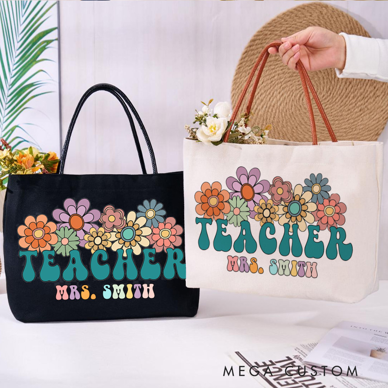 Personalized Teacher Canvas Tote Bag Flower Teacher Design Appreciation Gift for Teachers