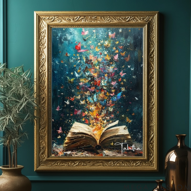 Personalized Book Art Print with Name Reading Painting Print Cat Reading Wall Art Librarian Bookish Gift Book Lover Gift