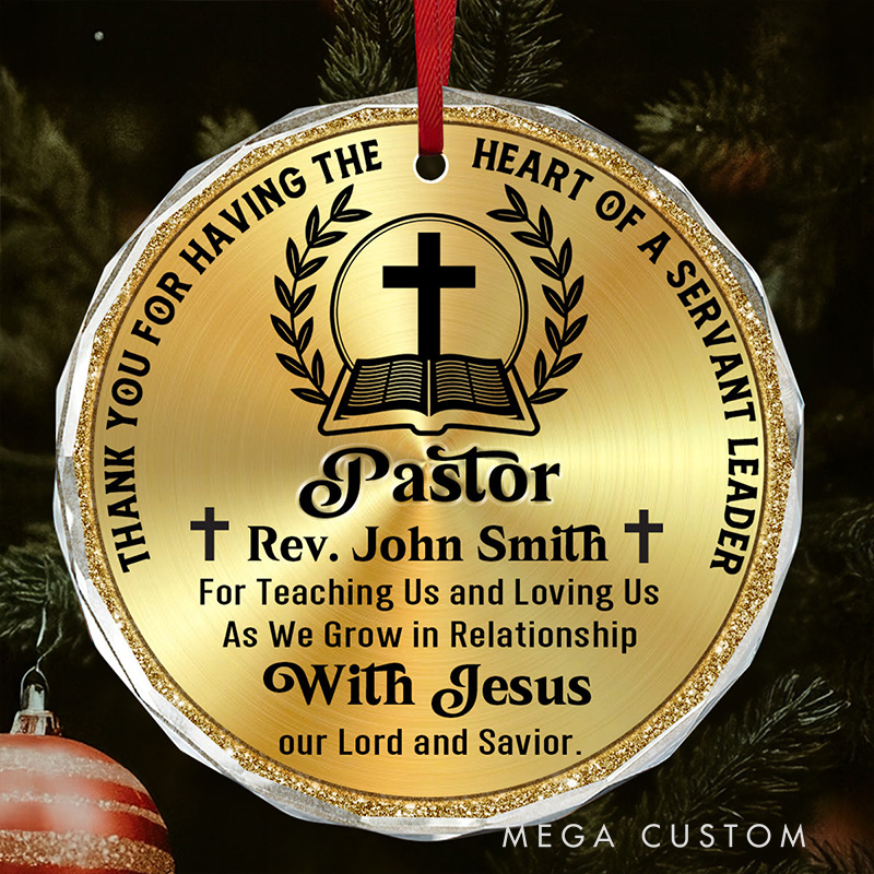 Personalized Thank You for Having the Heart of a Servant Leader Round Shaped Glass Ornament with Name Tree Decoration Appreciation Gift for Pastor