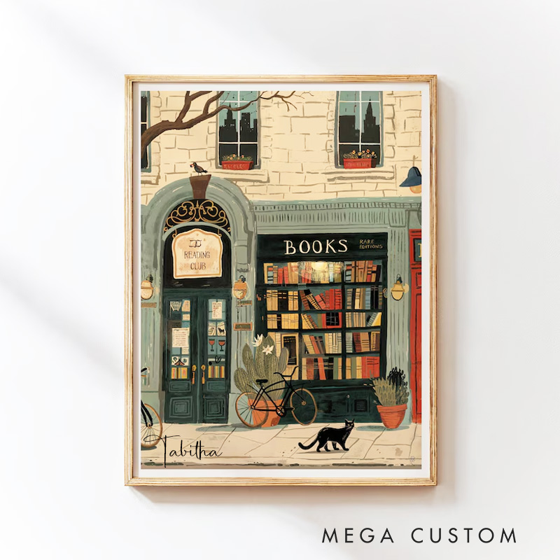 Personalized Bookstore Wall Print with Name Cozy Bookshop Illustration Wall Art Library Wall Decor Reading Nook Poster Book Lover Gift