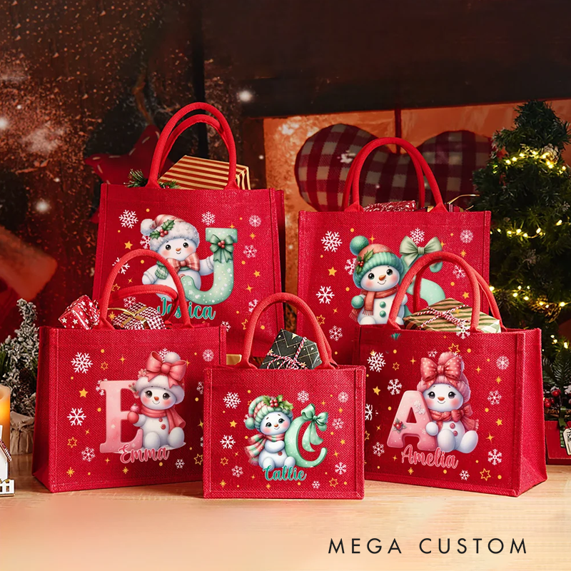 Personalized Cute Cartoon Snowman Large Jute Tote Bag with Name and Initial Party Favors Christmas Gift