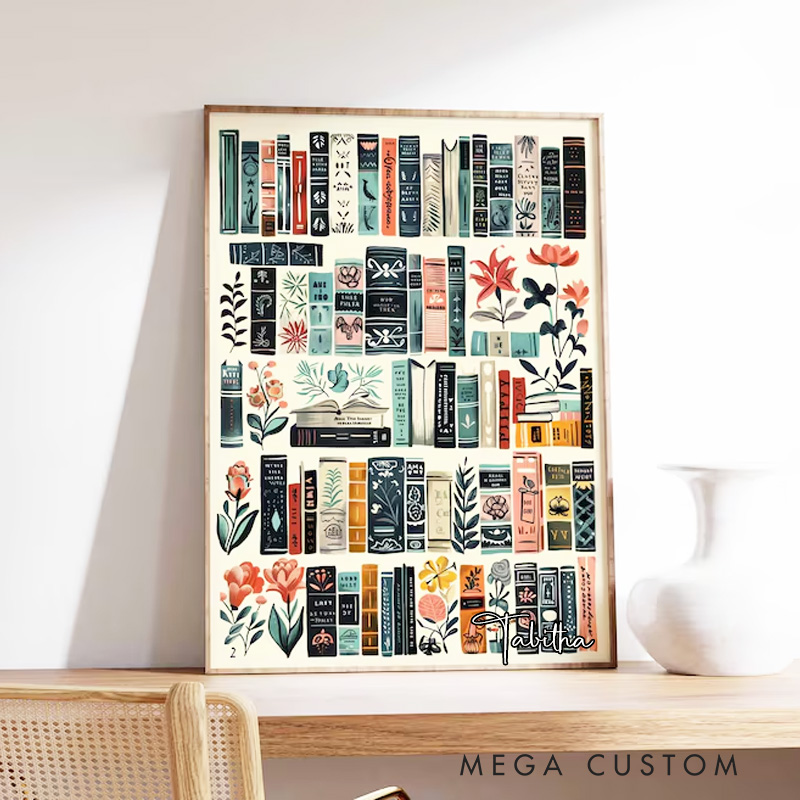 Personalized Vintage Library Wall Art with Name Book Flower Art Reading Poster Decor Retro Library Wall Art Book Lover Gift Bookish Gift
