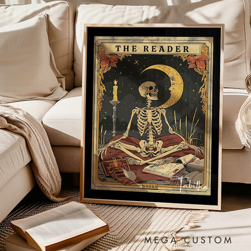 Personalized the Reader Tarot Print with Name Skeleton Reader Tarot Card Wall Art Witchy Reading Nook Art Book Lover Gift Bookish Gift