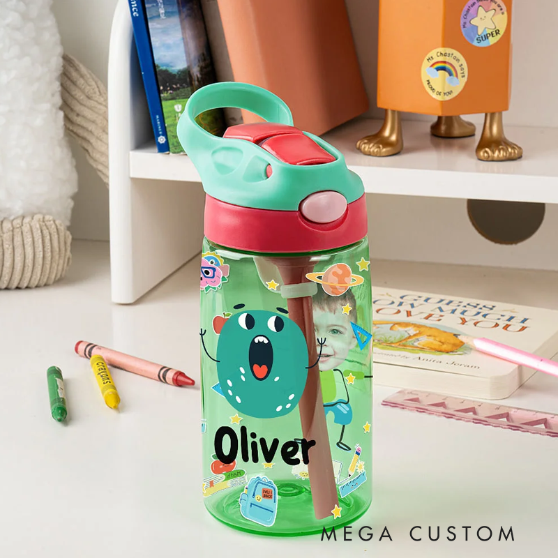 Personalized Colorful Cartoon Photo Name 16oz Kid's Water Bottle with Silicone Straw and Handle Birthday Back to School Gift for Boys Girls
