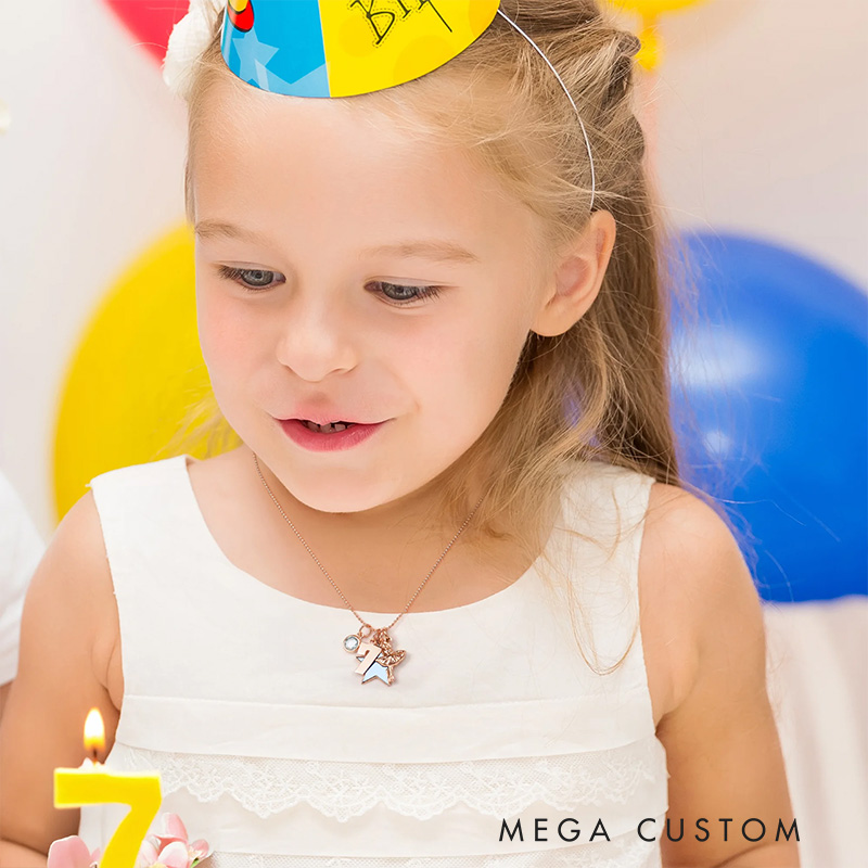 Personalized Star Heart Seahorse Ballerina Pendant Bead Chain Necklace with Birthstone Number and Engraved Name Birthday Gift for Kids Girls
