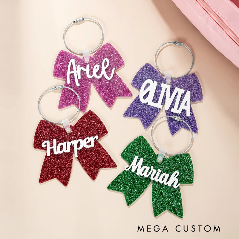 Personalized Cheerleading Glitter Bow Keychains with Custom Name Design