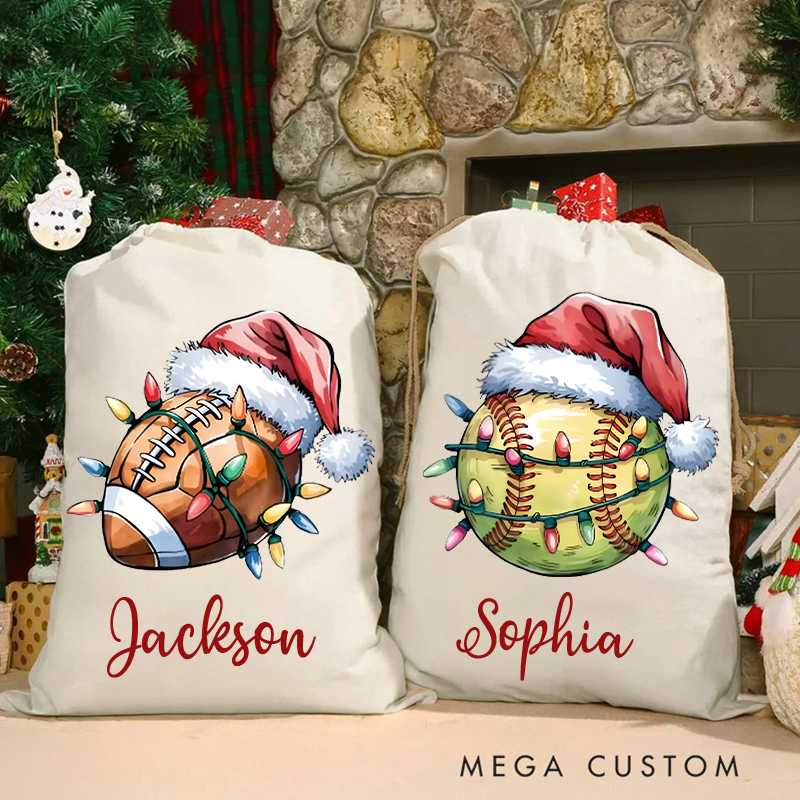Personalized Sports Christmas Sack with Festive Lights and Custom Name