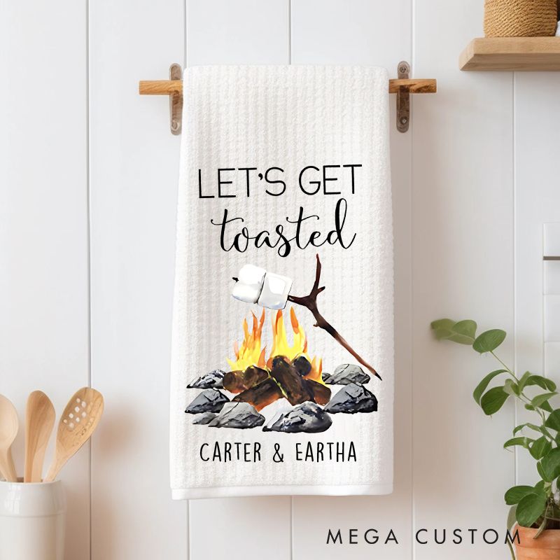 Personalized Let's Get Toasted Camper Kitchen Towel Custom Camping Themed Tea Dish Hand Kitchen Towel Gift for Camper Lover
