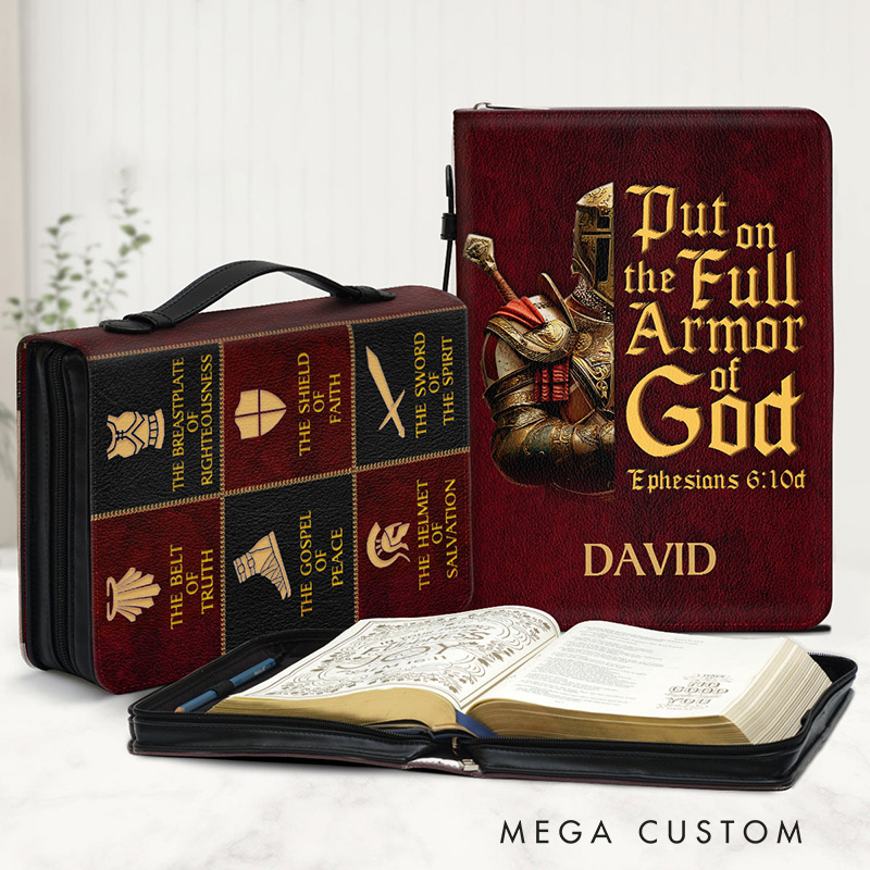 Personalized Full Armor of God Bible Verse PU Leather Bible Cover Case with Name and Carry Handle Ephesians 6:10 Religious Gift God Gift