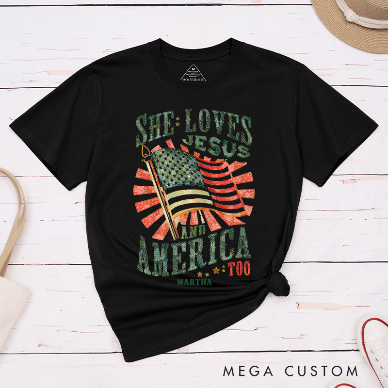 Personalized She Loves Jesus and America Too Cotton T-Shirt with Name Christian Classic T-Shirt Jesus Aesthetic Shirt Patriotic Tee Christian Gift