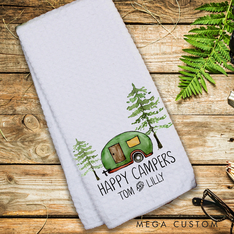 Personalized Happy Campers Kitchen Towel Custom Funny Motor Home Decor Towels Gift for Camper Rv Lover