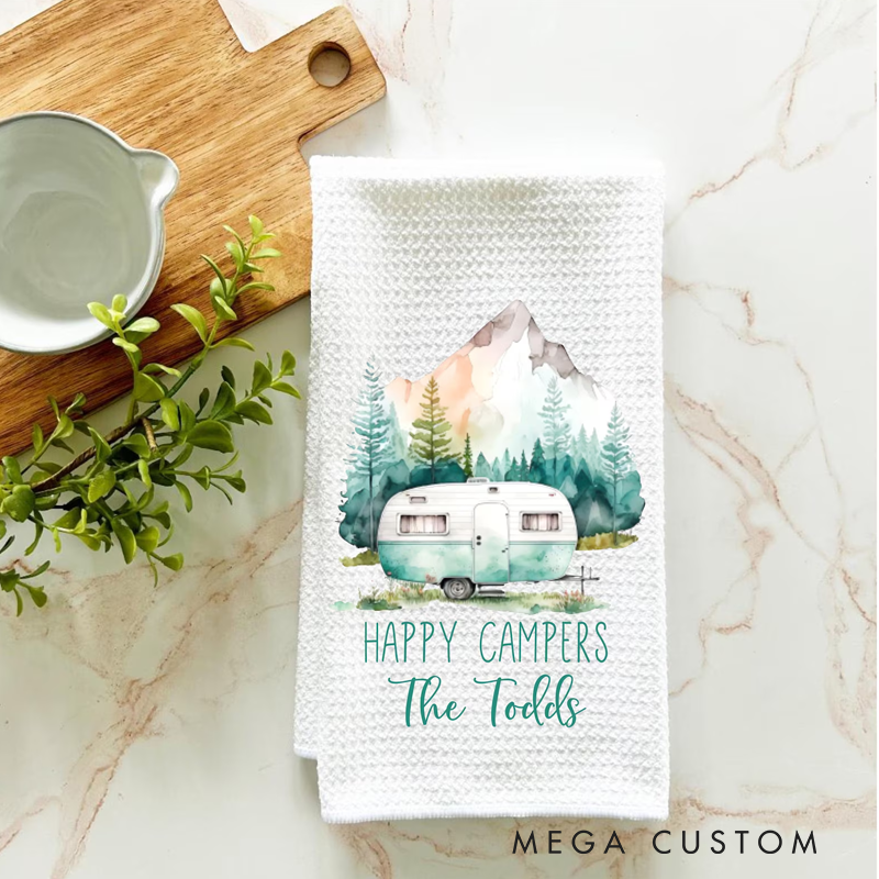 Personalized Happy Campers Kitchen Towel Custom Camping Rv Dish Towel Camper Decor Gift for Camper Lover