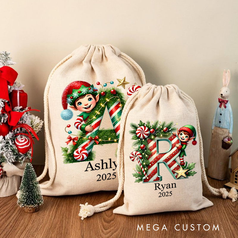 Personalized Festive Initial Christmas Bag with Candy Cane and Elf Design Featuring Name and Year for Holiday Joy