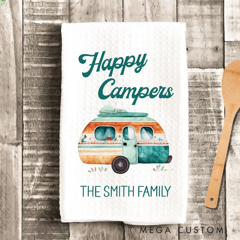 Personalized Happy Campers Watercolor Camp Dish Towel Camping Rv Travel Trailer Kitchen Towel Gift for Camper Lover