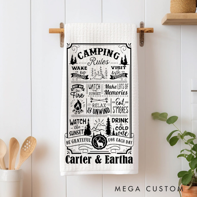 Personalized Camping Rules Sayings Funny Dish Towel Tea Towel Camper Kitchen Decor Gift for Camper Lover