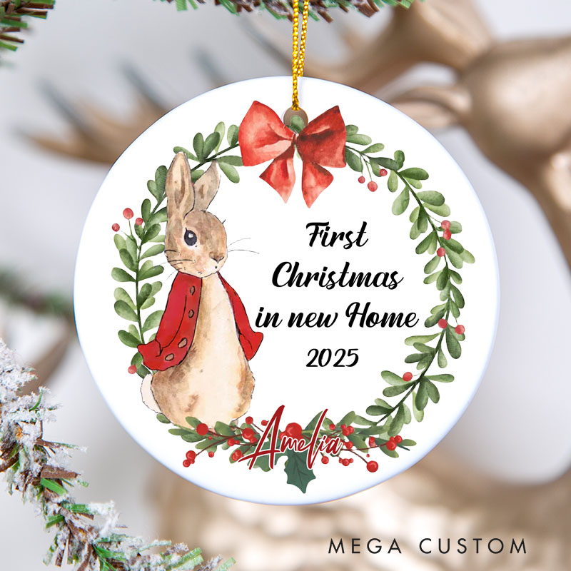 Personalized First Christmas in New Home Ornament 2025 Bunny and Wreath Design Custom Christmas Decoration for New Homeowners Holiday Gift Keepsake