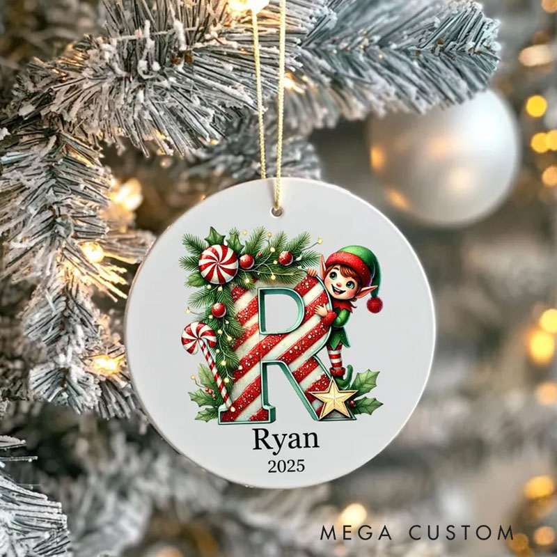 Personalized Festive Initial Christmas Ornament with Elf and Candy Cane Design for Holiday Cheer