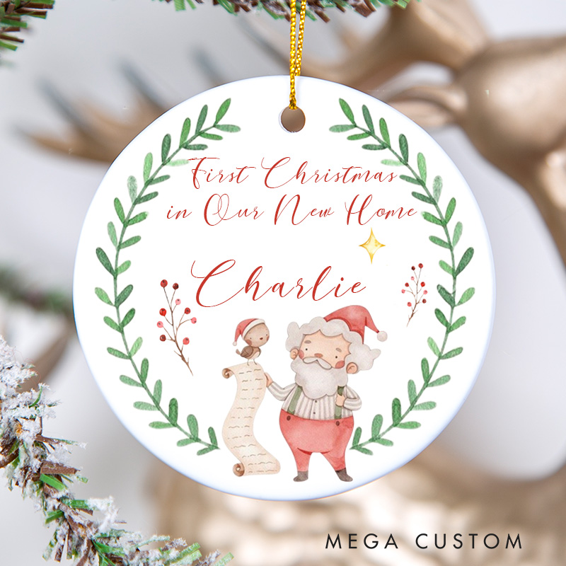 Personalized First Christmas in Our New Home Ornament 2025 Santa and Wreath Design Custom Holiday Decoration for New Homeowners Christmas Keepsake Gift