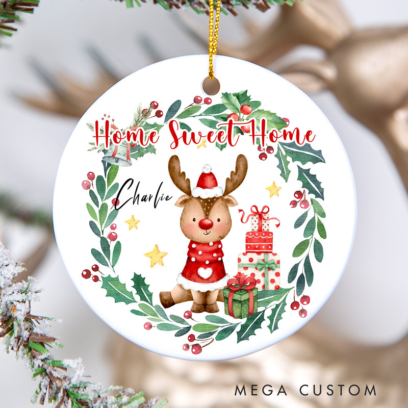 Personalized Home Sweet Home Christmas Ornament 2025 Reindeer and Wreath Design Custom Holiday Decoration for New Homeowners Festive Keepsake Gift