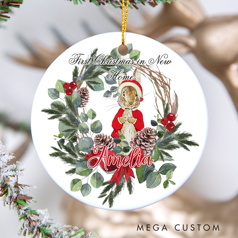 Personalized First Christmas in New Home Ornament 2025 Bunny and Pine Wreath Design Custom Holiday Decoration for New Homeowners Festive Keepsake Gift