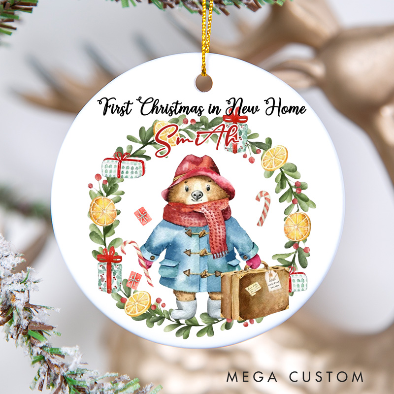 Personalized First Christmas in New Home Ornament 2025 Bear and Wreath Design Custom Holiday Decoration for New Homeowners Festive Keepsake Gift