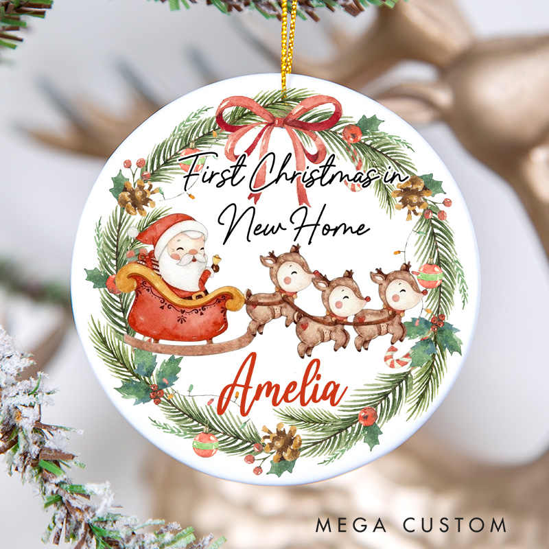 Personalized First Christmas in New Home Ornament 2025 Santa Sleigh and Reindeer Wreath Design Custom Holiday Decoration for New Homeowners Keepsake Gift