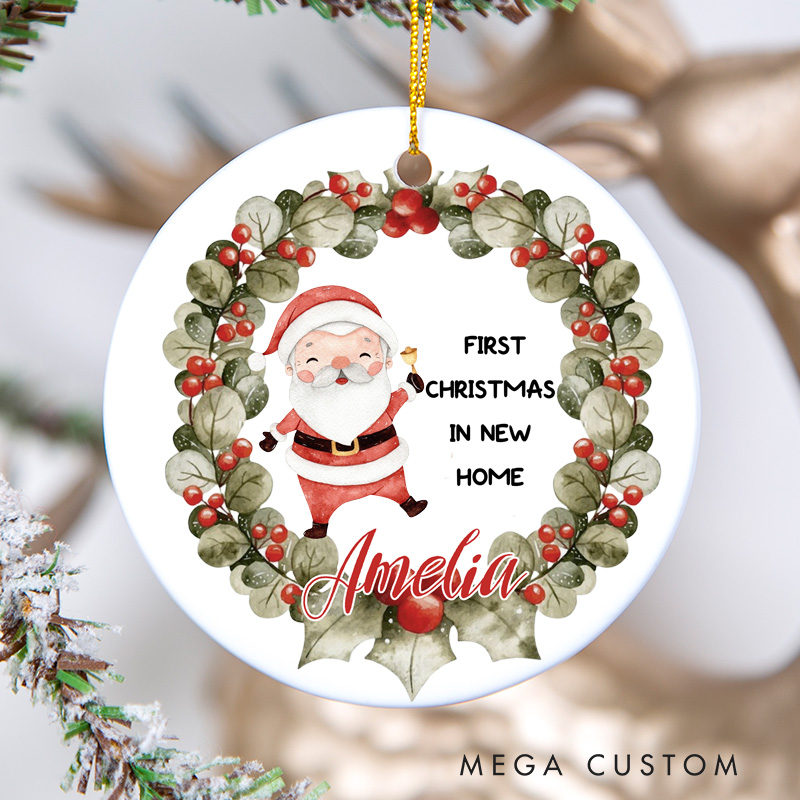 Personalized First Christmas in New Home Ornament 2025 Santa and Holly Wreath Design Custom Holiday Decoration for New Homeowners Festive Keepsake Gift