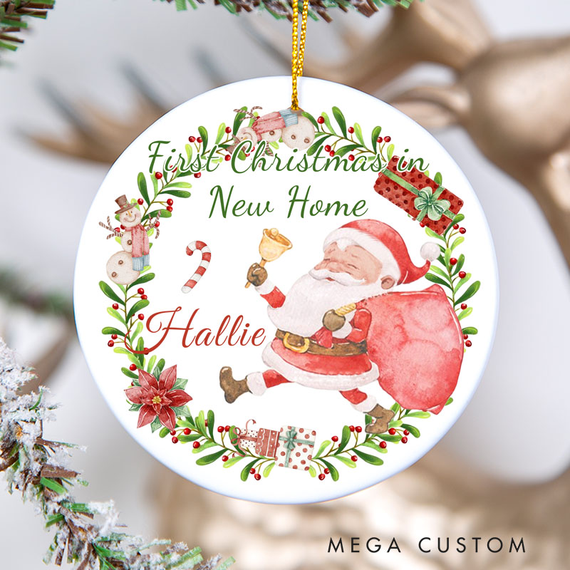 Personalized First Christmas in New Home Ornament 2025 Santa and Gift Bag Wreath Design Custom Holiday Decoration for New Homeowners Festive Keepsake Gift