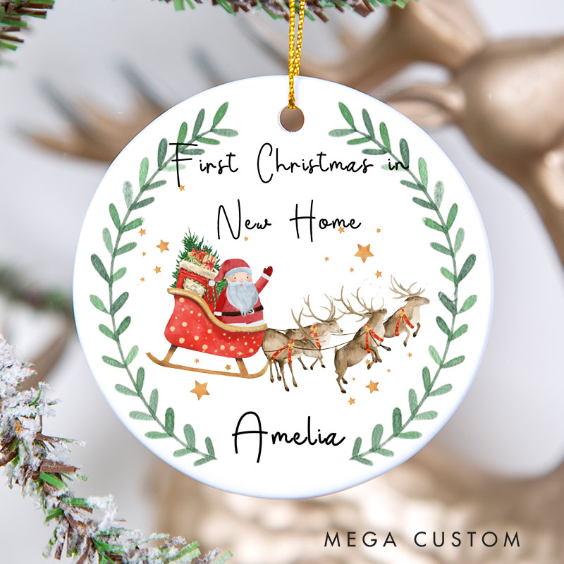 Personalized First Christmas in New Home Ornament 2025 Santa Sleigh and Reindeer Wreath Design Custom Holiday Decoration for New Homeowners Keepsake Gift