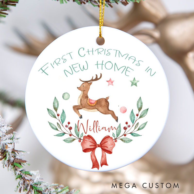 Personalized First Christmas in New Home Ornament 2025 Reindeer and Bow Wreath Design Custom Holiday Decoration for New Homeowners Festive Keepsake Gift