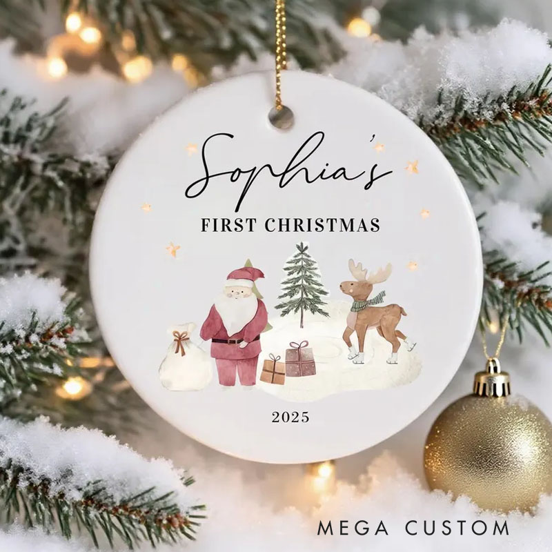 Personalized First Christmas Ornament with Cute Woodland Creatures and Name for a Special Keepsake