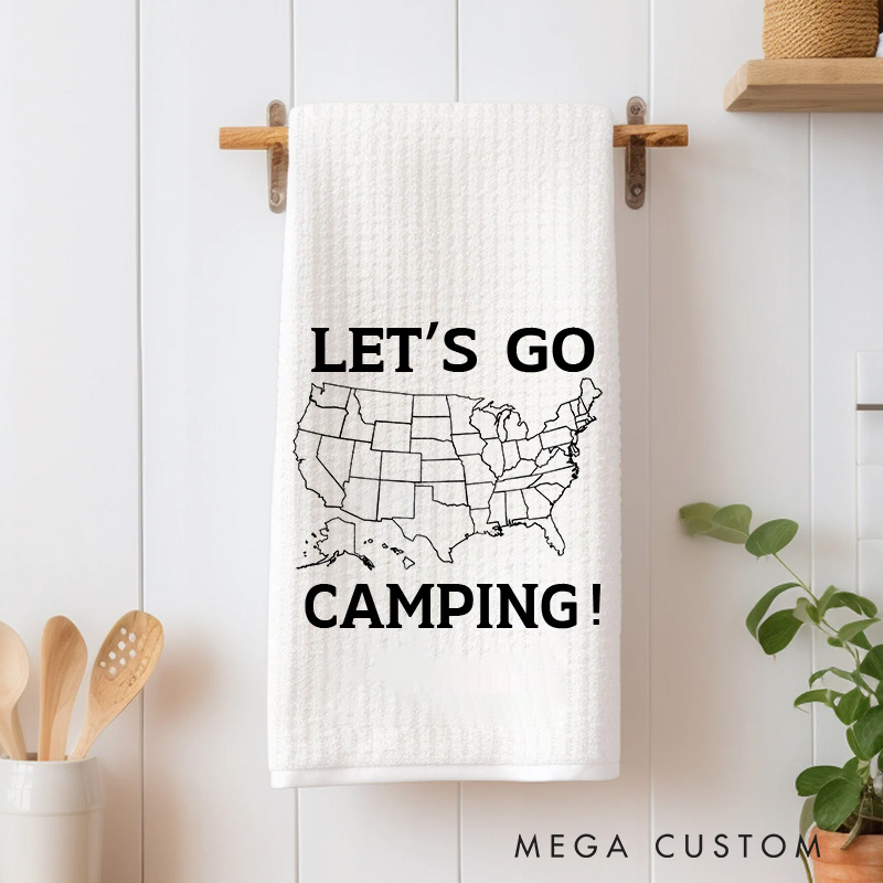 Personalized Let's Go Camping Tea Towel Adventure Camper Decor United States Map Towel Customizable Kitchen Camp Gift