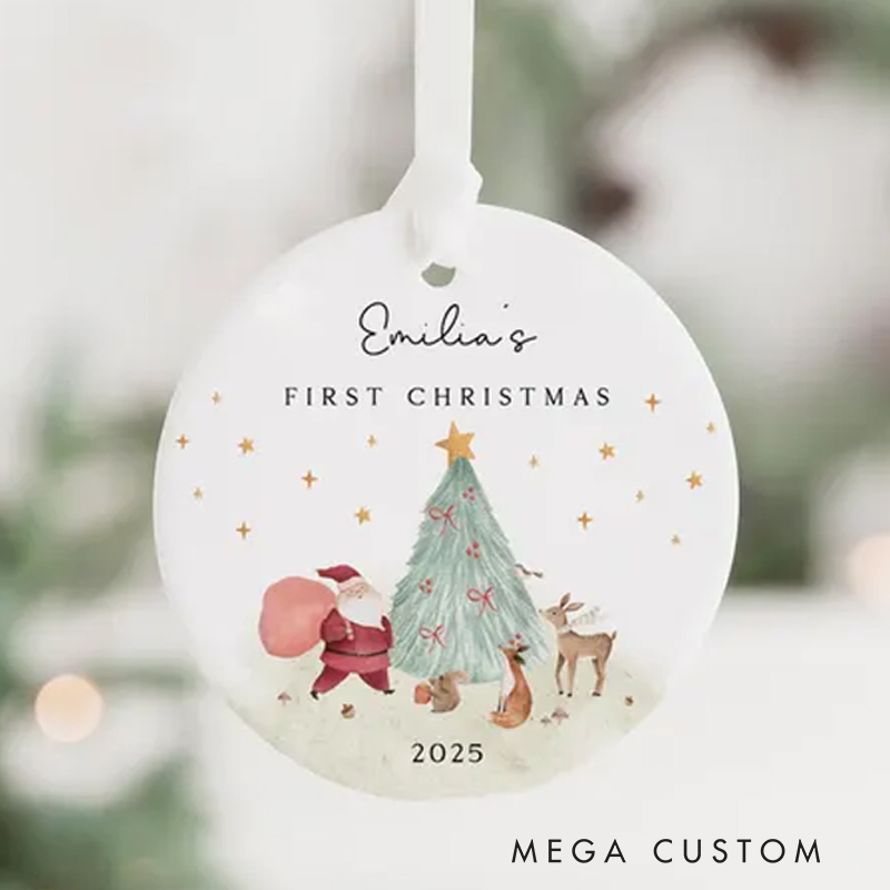 Personalized First Christmas Ornament with Whimsical Forest Scene and Name for a Magical Celebration