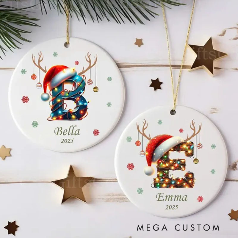 Personalized Initial Christmas Ornament with Reindeer Antlers and Name for a Fun Holiday Touch
