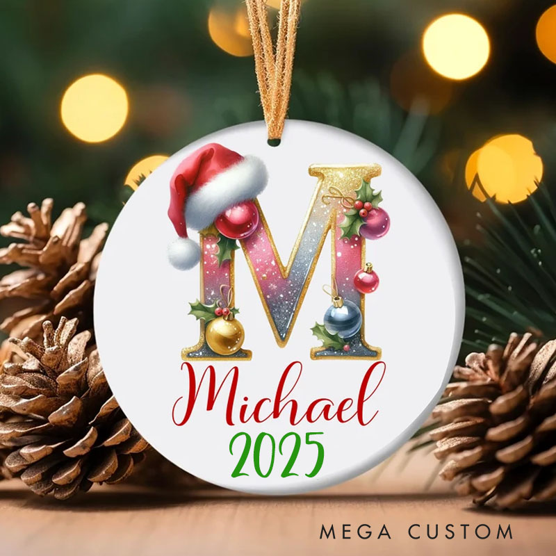 Personalized Festive Initial Christmas Ornament with Santa Hat and Name for a Joyous Holiday Season