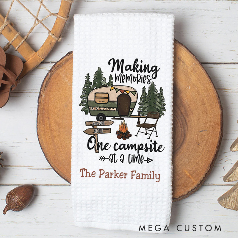 Personalized Making Memories One Campsite at a Time Camper Kitchen Towel Custom Customizable Kitchen Camp Gift