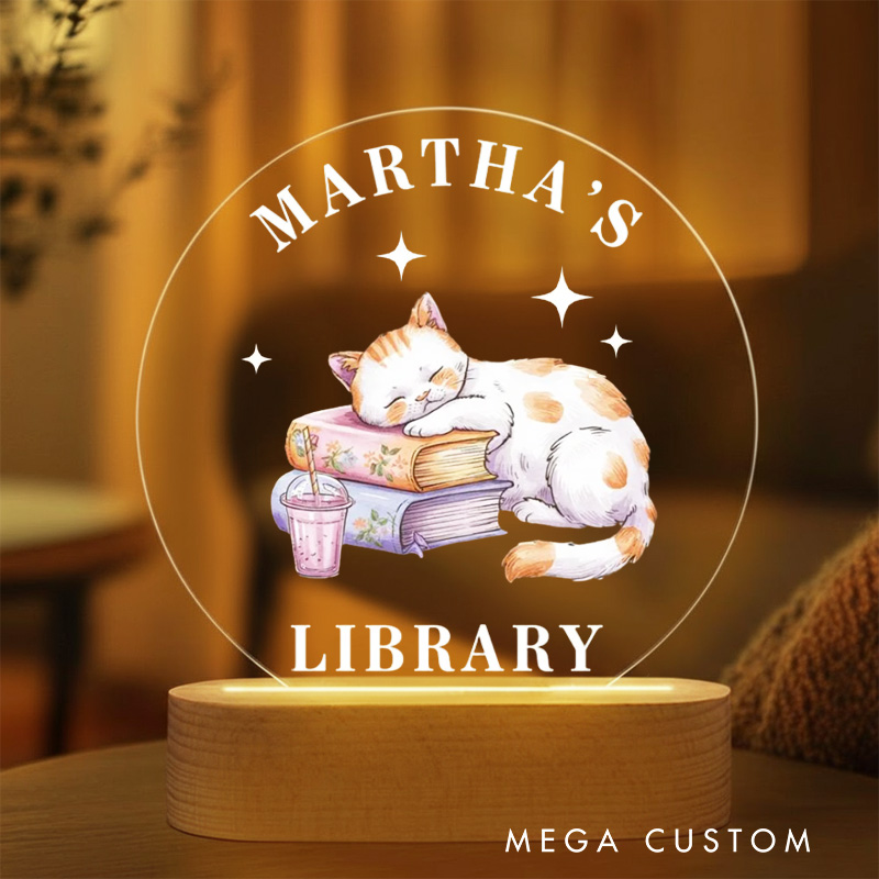 Personalized Cat and Book Night Light Custom Name's Library LED Light with Name Book Club Decor Book Lover Gift Bookish Gift