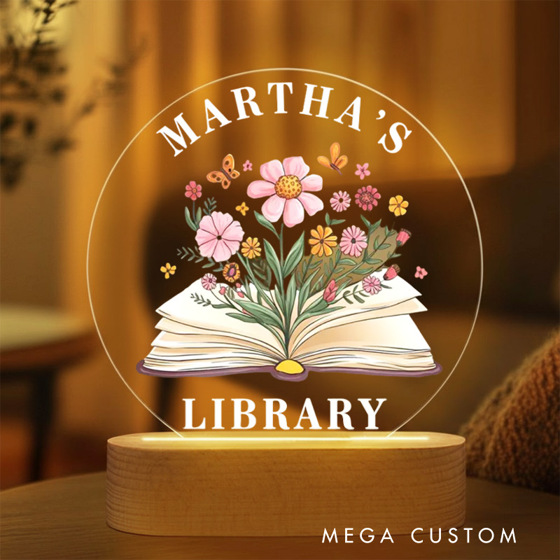 Personalized Flower Book LED Night Light with Name Custom Name's Library Night Light Bookworm Home Decor Book Lover Gift Bookish Gift