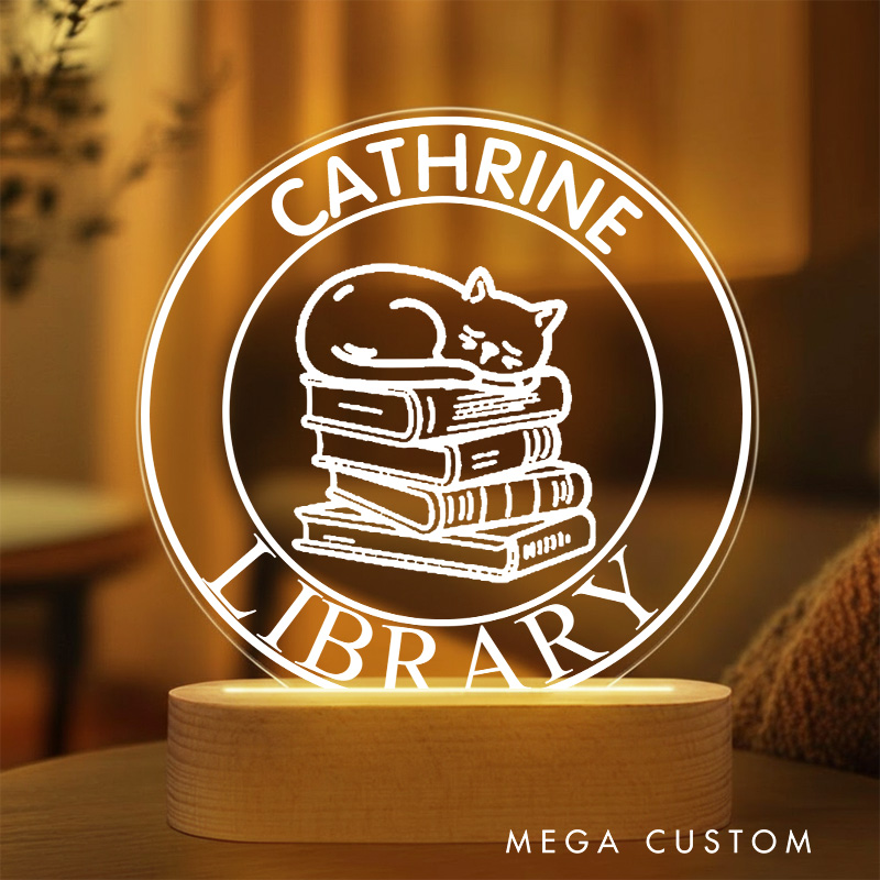 Personalized Sleep Cat and Book LED Night Light with Name Custom Bookish Reader Night Light Librarian Decor Book Lover Gift Bookish Gift